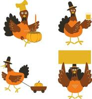 Set of Thanksgiving Turkey. With Cartoon Design Style. Vector Illustration