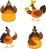 Set of Thanksgiving Turkey. With Cartoon Design Style. Vector Illustration