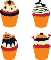 Set of Different Halloween Cupcake. In Spooky Cartoon Design. Isolated Vector