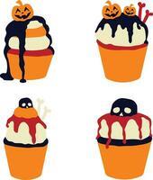 Set of Different Halloween Cupcake. In Spooky Cartoon Design. Isolated Vector