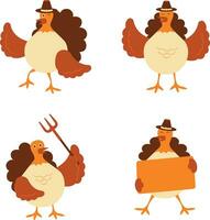 Thanksgiving Turkey With Different Pose. Isolated Vector Set.