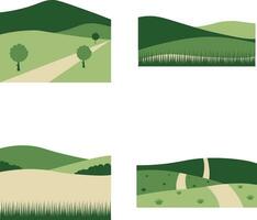 Field Green Hills With Aesthetic Design. Isolated On White Background. Vector Illustration Set.