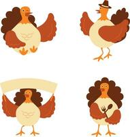 Thanksgiving Turkey With Different Pose. Isolated Vector Set.