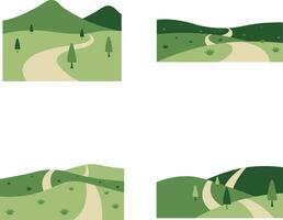 Field Green Hills With Aesthetic Design. Isolated On White Background. Vector Illustration Set.