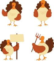 Thanksgiving Turkey With Different Pose. Isolated Vector Set.