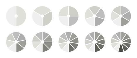 Set of circle division on 2, 3, 4, 5, 6, 7, 8, 9, 10, 11 equal parts. Infographic graphs. Round divided diagrams with segments. Infographic collection. Coaching wheel blanks. Vector illustration. Eps.