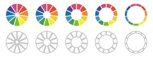 Set of donut charts, pies segmented on 11 equal parts. Diagrams infographic multicolored collection. Wheels divided in eleven sections. Circle section graph. Pie chart round icon. Loading bar. Vector. vector