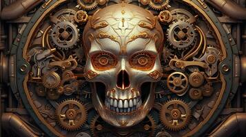 AI generated steampunk skull, digital art illustration, Generative AI photo