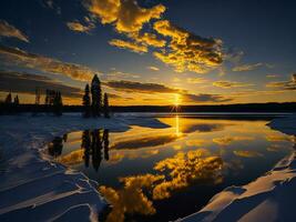 AI generated An image of a vibrant sunset over a serene lake, with colorful reflections shimmering on the water with snow photo
