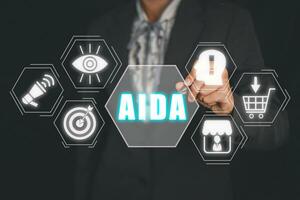 AIDA, Attention Interest Desire and Action concept, Business woman hand touching AIDA icon on virtual screen. photo