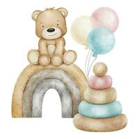 Baby's toys. Wooden pyramid, air balloons, rainbow and teddy bear. Watercolor illustration. Isolated. Clipart for kids goods, kid's shop, cards, baby shower, children's room and toy vector