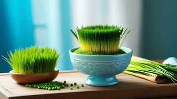 AI generated Renewal in Green Wheatgrass Bowl for Nowruz photo