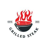 Steak grill logo barbecue isolated vector emblems. Restaurant or steak house identity labels with grilled piece of meat. Bbq party symbols vintage retro style design