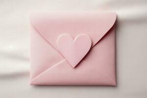 AI generated A plain pink envelope with an empty romantic note on a white textured background photo