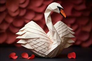 ai generado un soltero origami cisne presentando un rojo corazón diseño en un minimalista de madera antecedentes foto