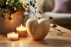 AI generated A soft heart shaped candle positioned on a rustic wooden ledge photo