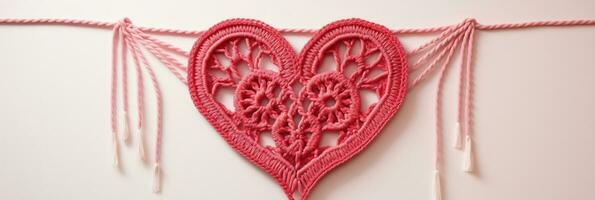 ai generado un pared colgando de macramé con rojo y rosado hilos entrelazados exhibiendo un corazón diseño en el centrar foto