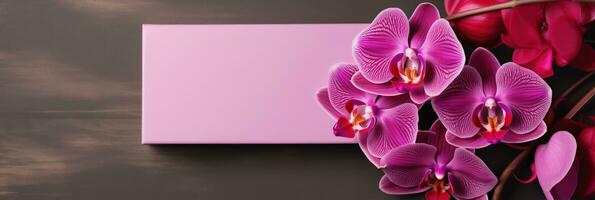 AI generated Velvety Gift Box Featuring an Exotic Orchid and a Blank Card for Valentines Day photo