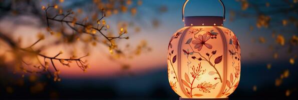 AI generated A handcrafted paper lantern featuring intricate flower designs and emitting a gentle radiance against a twilight sky photo