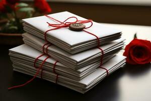 AI generated A stack of black and white love letters sealed with red wax on a simplistic white table photo