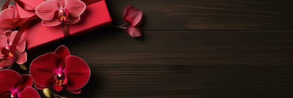 ai generado un lujo terciopelo presentación caja con un exótico orquídea y un blanco tarjeta para san valentin día foto