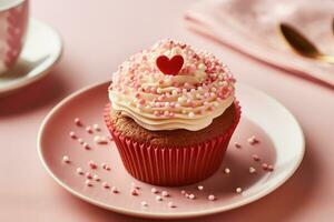 AI generated A dainty cupcake topped with a heart shape on a plain solid color plate photo