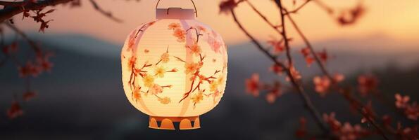 AI generated A Crafted Paper Lantern Featuring Gentle Floral Designs and Emitting a Warm Light Against a Dimming Sky photo