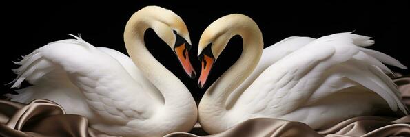 ai generado elegante cisne estatuillas creando un corazón en medio de suave seda pañería foto