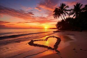 AI generated Sunset on a Tropical Beach with a Heart Drawn in the Sand photo