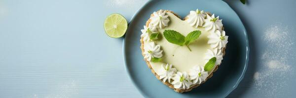 AI generated Handcrafted Key Lime Tart with Heart Shaped Topping on a Chic Periwinkle Blue Backdrop with Space for Text photo