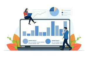 datos análisis concepto. en línea negocio análisis. equipo de empresarios es estudiando infografía. analizando datos, negocio análisis. moderno plano dibujos animados estilo. vector ilustración en blanco antecedentes