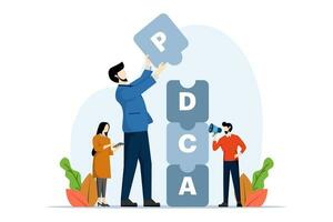 PDCA Cycle Concept, managing work processes for better improvement, Plan, Do, Check and Act Concept. pdca plans perform action checks with words or large texts and teams of people. vector illustration