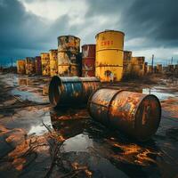 AI generated Old oil barrels, business concept, oil products and oil production warehouse - AI generated image photo