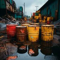 AI generated Old oil barrels, business concept, oil products and oil production warehouse - AI generated image photo