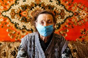 Senior 80 years old woman wearing mask for Covid-19. Copy space. photo