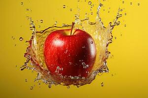 AI generated Juicy ripe red apple with a splash of water on a yellow background. Generated by artificial intelligence photo