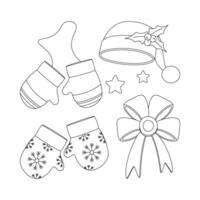 Set of Christmas red hat, bow, gloves, berries and mistletoe leaves. vector