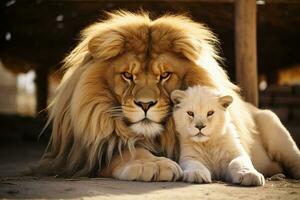 AI generated Adult lion and lion cub in the zoo. Animal life. Generated by artificial intelligence photo