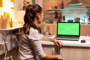 Woman using laptop with green mockup. Sitting at desk works on computer late at night, business, online, smart, blank, copyspace, digital, display. photo