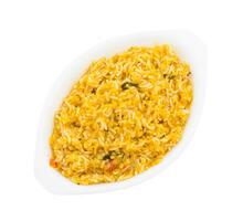 Indian Traditional Cuisine Dal Fry or Rice Also Know as Dal Chawal, Daal Chawal, Dal Rice, Whole Yellow Lentil with Rice or Dal Tadka, Daal Fry Served with Rice isolated on White Background photo