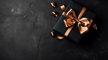 AI generated Gift wrapped in black paper with black bow on a black textured background with scattered copper confetti, giving a moody and luxurious feel photo