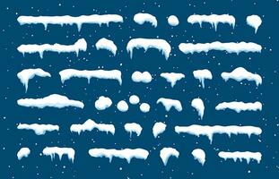 Snow cap set on blue background. Snowy elements in cartoon style on winter background. Vector illustration