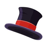 Top hat with red band. Black mens hat with a red ribbon isolated on a white background. Retro icon. Vector illustration.