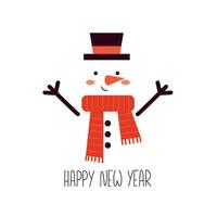 Happy new year postcard with cute snow man in black hat and red scarf. Vector