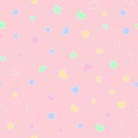 Seamless scrapbook pattern. Dots, hearts and stars on pink background. Simple repeat ornament. Vector illustration