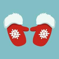 Two red mittens with snowflakes on them. Red mittens of Santa Claus with fur. Symbol of Christmas and New Year. Warm clothes for the winter season. Vector illustration.