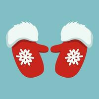 Two red mittens with snowflakes on them. Red mittens of Santa Claus with fur. Symbol of Christmas and New Year. Warm clothes for the winter season. Vector illustration.