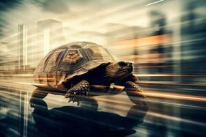 A Turtle dashes at full speed a city street, generative AI photo