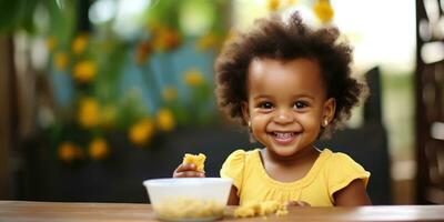 africano niño sonriente y comiendo un plato lleno de alimento. generativo ai foto