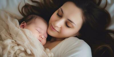 Mother hugging her newborn baby , loving, joyful, AI generated photo